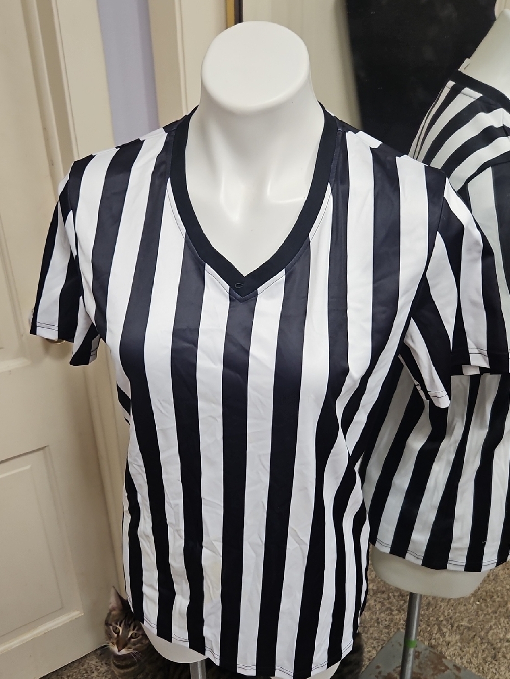 Black & White Striped Referee-Style V-Neck Tee Punk Goth